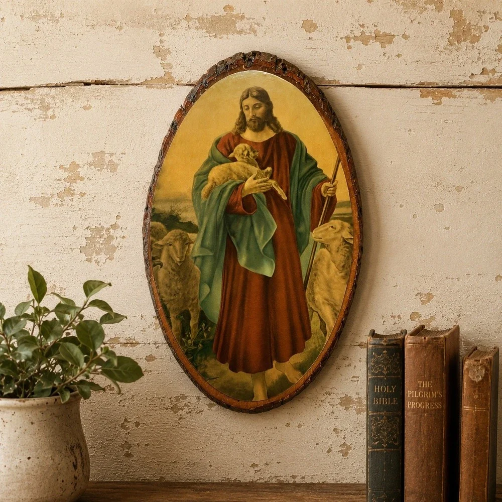 Vintage The Good Shepherd Jesus Christ Wood Slice Wall Plaque Rustic Bark Edge